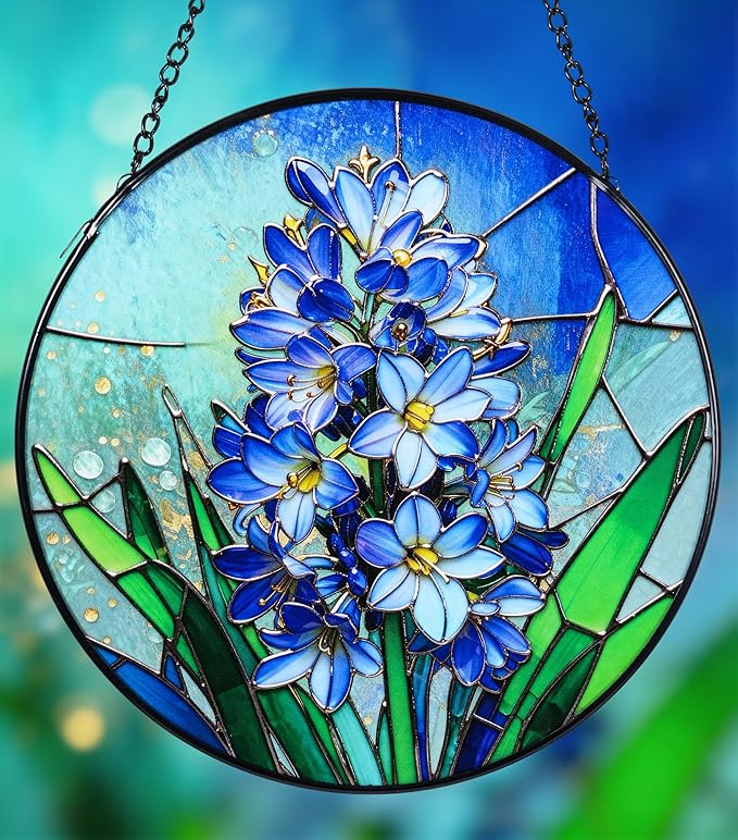 Stained Glass Window Hanging, Hyacinth Suncatcher 7.8 in Sun Catcher Glass Panel Boho Wall Art Decor with Chain Diamond Glass Panel Hangings Scenery Sun Catchers Decor for Lover Couple Mom