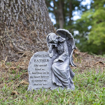 Besti Garden Memorial Stone Angel - Cold-Cast Ceramic Graveyard Remembrance Decoration - Outdoor Sculpture and Engraved Design with Special Father Quote - Sympathy Gift