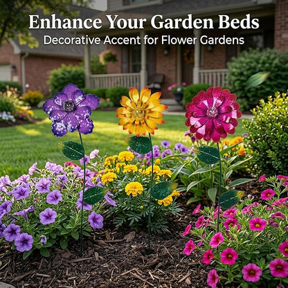 Topadorn 3 Pack Floral Garden Stake Outdoor Glow in Dark Plant Pick Waterproof Metal Flower Spring Decorations Lawn Yard Patio Art Stakes, Ornaments Gift for Garden Lovers