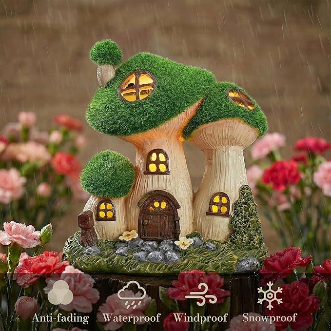 TERESA'S COLLECTIONS Garden Decor, Mushroom Fairy Garden House,Fairy House Decor, Waterproof Resin with Solar Lights, Garden Decor, Garden Gifts for Mom,Indoor/Outdoor,6.7"