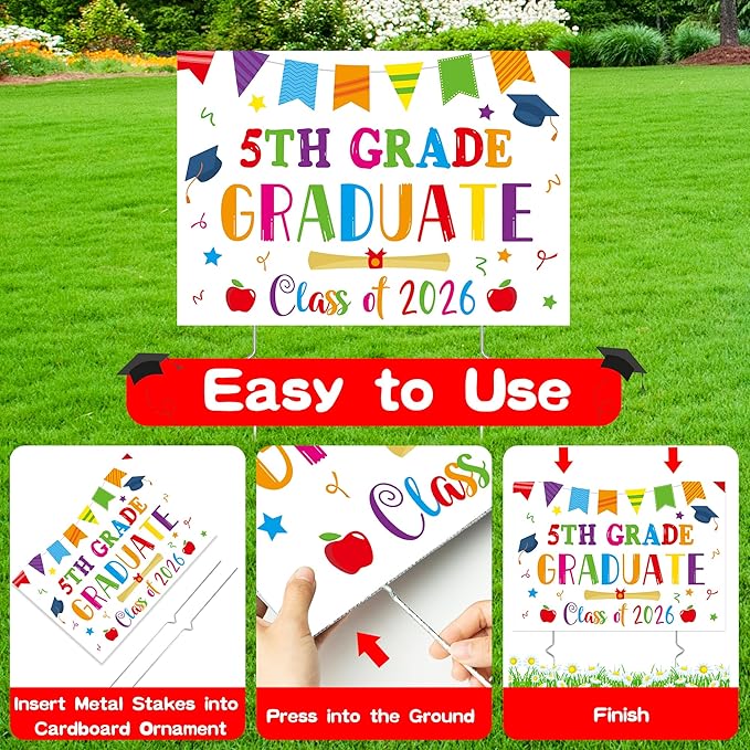 5th Grade Grad Yard Sign - White Class of 2026 Fifth Grade Graduate Lawn Sign with Stake School Congrats Graduation Decor Colorful Waterproof Graduation Party Favor for Outdoor Garden Photo Booth Prop