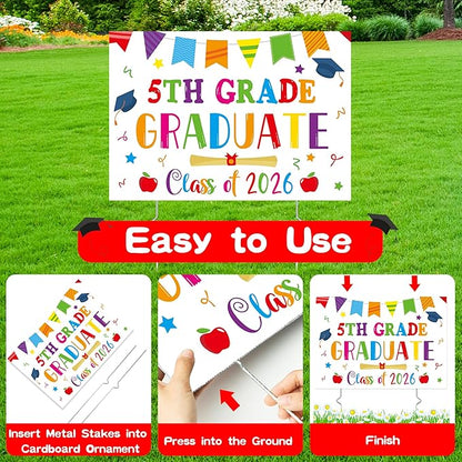 5th Grade Grad Yard Sign - White Class of 2026 Fifth Grade Graduate Lawn Sign with Stake School Congrats Graduation Decor Colorful Waterproof Graduation Party Favor for Outdoor Garden Photo Booth Prop