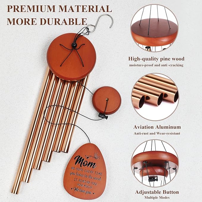 YU FENG 26” Wind Chimes for Mom, Gifts from Daughter or Son, Unique Mother’s Day, Birthday, Wooden Outdoor Wind Chime with Heartfelt Message