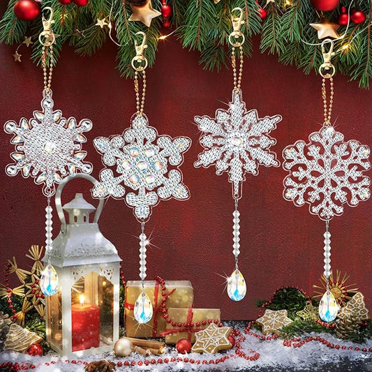 4 Pcs 5D 9.7x3 inch Christmas Diamond Painting Kits DIY Point Drill Diamond Painting Wind Crystal Wind Chimes Double Snowflake Ornaments with Crystal Pendant for Home Garden Hanging Decor(White)