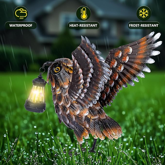 Modista Metal Yard Art Decor Owl Garden Statues Sculptures with Solar Lamp for Home Yard Decorations Outdoor Clearance