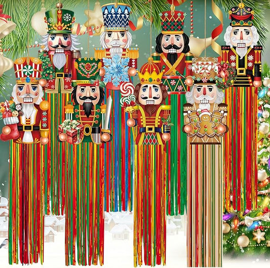 DoubleFill 8pcs Christmas Nutcracker Outdoor Decorations with Tassels Christmas Hanging Yard Decorations for Outside 3.3ft Xmas Signs Windsocks for Tree Lawn Yard Wall Party Supplies Home Decor