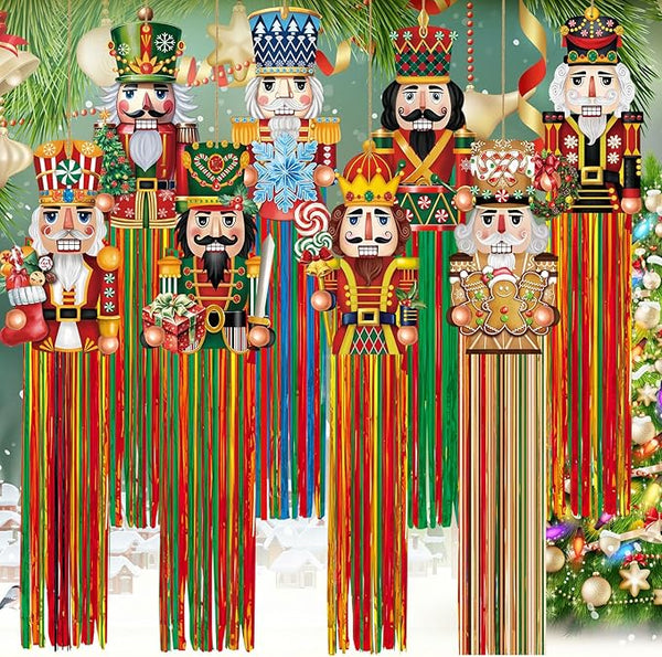 DoubleFill 8pcs Christmas Nutcracker Outdoor Decorations with Tassels Christmas Hanging Yard Decorations for Outside 3.3ft Xmas Signs Windsocks for Tree Lawn Yard Wall Party Supplies Home Decor