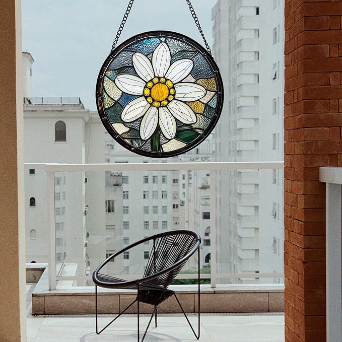 Stained Glass Window Hanging - Yellow White Daisy Birth Flower Suncatcher for Door Garden Yard Sun Catchers Decor Christmas Mother's Day Birthday Gifts for Teacher Women Mom Nana 9.8 in