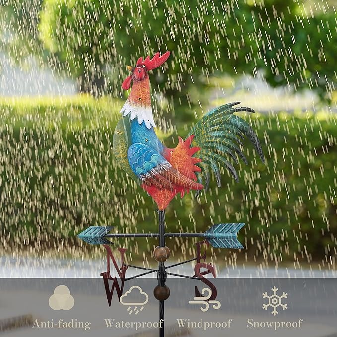 TERESA'S COLLECTIONS Garden Decor with Solar Outdoor Lights, Red Rooster Yard Art Sign for Outside, 39.4'' Metal Weathervane Decorative Garden Stake for Outdoor Decor Lawn, Gifts for Mom