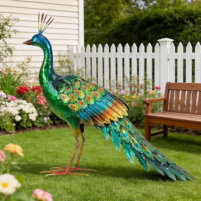 chisheen Metal Peacock Statue Garden Decor Yard Art Sculpture Outdoor Decoration for Lawn,Patio,Backyard,Housewarming Birthday Gifts for Women,Mom,Grandma (Green)