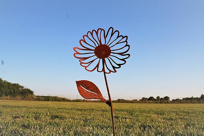 Metal Rustic and Colorful Flower Stakes Ranging from 9.5 to 36 Inches Tall (Daisy, Butterfly and Twisted Daisy Set, Naturally Rusted)