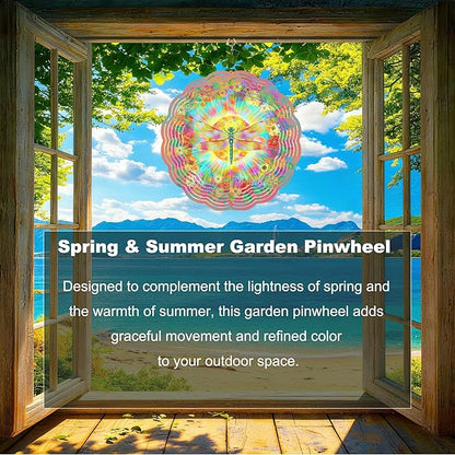 10x10 Inch Wind Spinner Outdoor Hanging Colorful Dragonfly Floral Sunburst Metal Kinetic Spiral Ornament for Yard Patio Porch Balcony Tree Window Gift