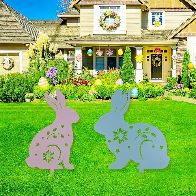 2 Pcs Easter Bunny Yard Signs Iron Rabbit Silhouette Decoration Pink and Blue Metal Rabbit Yard Art for Outdoor Lawn Garden Spring Decor