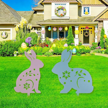 2 Pcs Easter Bunny Yard Signs Iron Rabbit Silhouette Decoration Pink and Blue Metal Rabbit Yard Art for Outdoor Lawn Garden Spring Decor