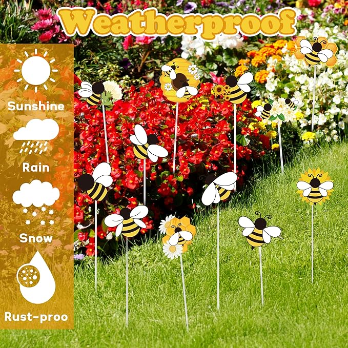 Bee Garden Stake Decor - 12 Pcs Yellow Working Bee Art Stick Floral Picks Garden Yard Metal Decorative Stake Sign Spring Summer Outdoor Backyard Pathway Lawn Plant Flower Pots Decoration