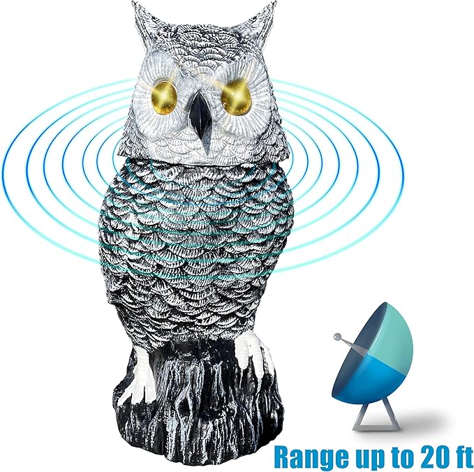Solar Powered Snow Owl with Glowing Eyes, Rotatable Head, Realistic Hoots, Detection and Silent Mode, Garden Sculpture, Decoration for Home, Garden, Patio and Lawn