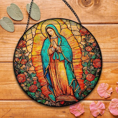 Our Lady of Grace Suncatcher Stained Glass Window Hanging, Christian Virgin Mary Flower Sun Catchers Indoor Window Glass Round Wall Decor, Catholic Rose Wall Art Hanging Decorations, ＂7.8x7.8＂