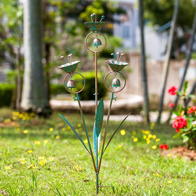Calla Lily Garden Stake with Bells, Metal Flower Decorative Garden Stakes, 34" H Yard Art for Outdoor Lawn Patio Pathway Decor, Bronze