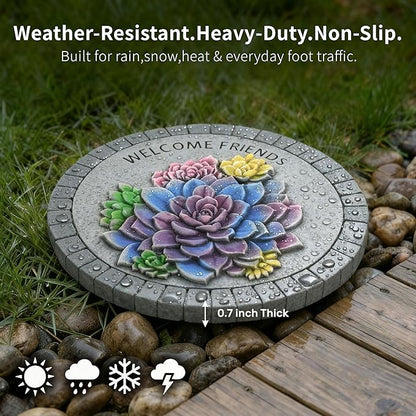 Landoraloria Cement Garden Stepping Stones Outdoor 10” Round Welcome Path Stones with Succulent Design, Outdoor Yard & Patio Decor Hand-Painted Cactus Welcome Sign