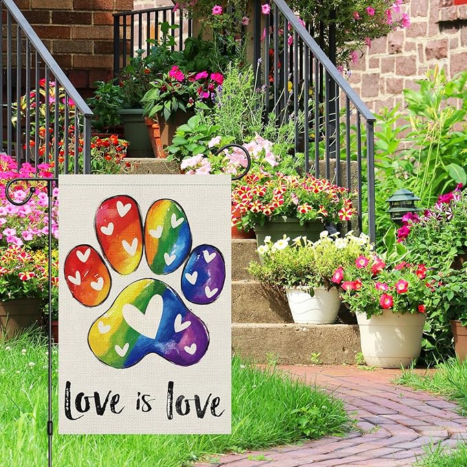 Heyfibro Love is Love Pride Garden Flag 12x18 Double Sided Burlap, Rainbow Footprints Gay Lesbian LGBT Pansexual Yard Banner for Pride Month Outdoor Decoration (ONLY FLAG)