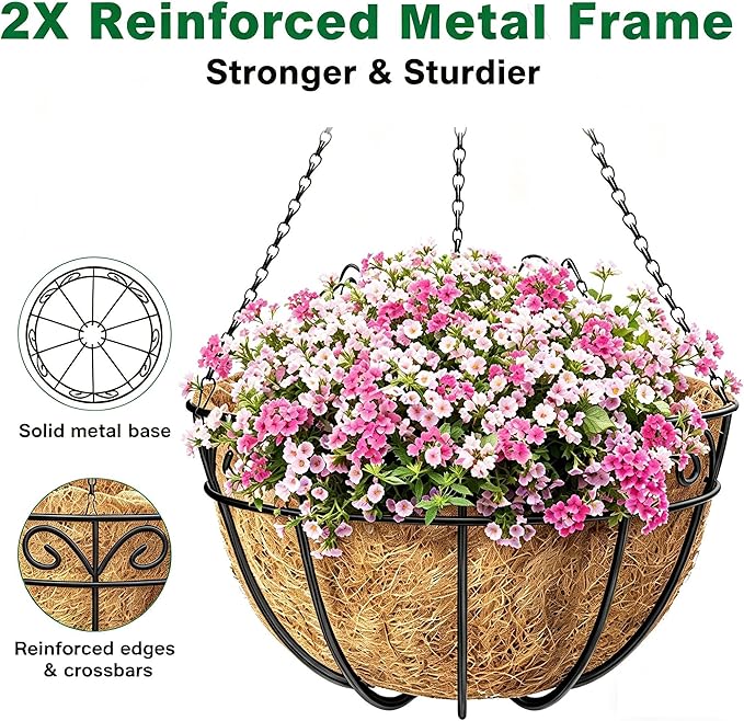 Amagabeli 4 Pack 14 Inch Metal Hanging Baskets Planter Outdoor Round Wire Hanging Basket for Plants with Coco Fiber Liners Chain Plant Holder for Garden Patio Deck Porch Plants Vegetables Flower Pots