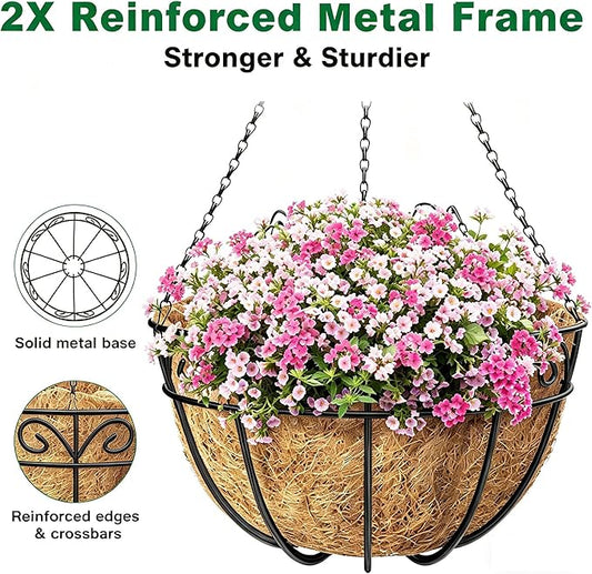 Amagabeli 4 Pack 14 Inch Metal Hanging Baskets Planter Outdoor Round Wire Hanging Basket for Plants with Coco Fiber Liners Chain Plant Holder for Garden Patio Deck Porch Plants Vegetables Flower Pots