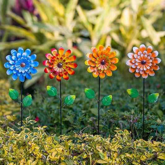 4 Pcs Wind Spinners Outdoor, Small Metal Flower Windmill, Colorful Pinwheels Decorative Garden Stakes for Yard Patio Lawn Garden Decor, 26 x 5 Inches