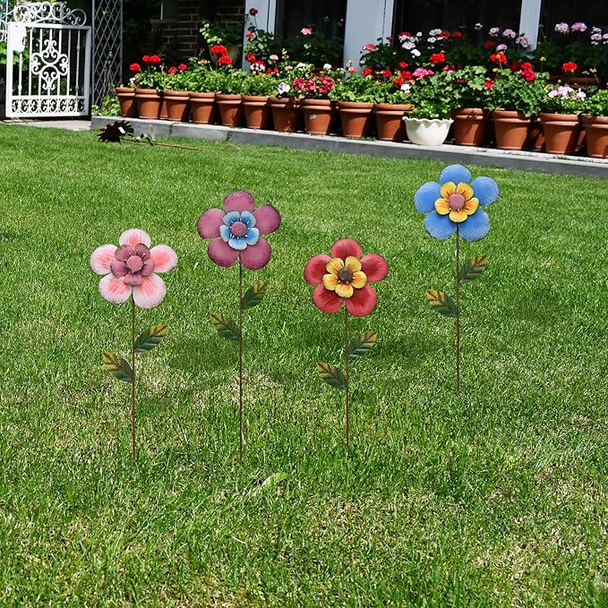 Linfevisi Outdoor Garden Decoration Flower Garden Stakes Metal Yard Art Signs Spring Decor Floral Lawn Ornaments Outside Plant Picks for Patio Porch Pathway 16 Inch Tall(Set of 4) (B)