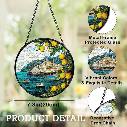 Italian Lemon Amalfi Coast Suncatchers Stained Glass Window Hanging, Summer Beach Lemon Sun Catchers Indoor Window Glass Round Wall Decor, Mediterranean Wall Hanging Decorations, 7.9x7.9in