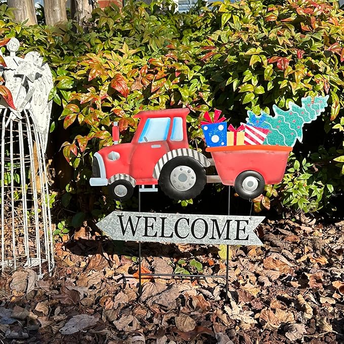 Vintage Metal Truck Yard Stake with Seasonal Sign Loads Metal Easter Welcome Sign for Outdoor Merry Christmas 4th of July Fall Harvest Spring Easter Garden Lawn Pathway Decor