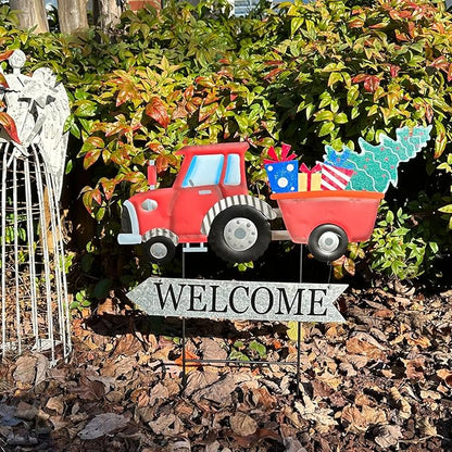 Vintage Metal Truck Yard Stake with Seasonal Sign Loads Metal Easter Welcome Sign for Outdoor Merry Christmas 4th of July Fall Harvest Spring Easter Garden Lawn Pathway Decor