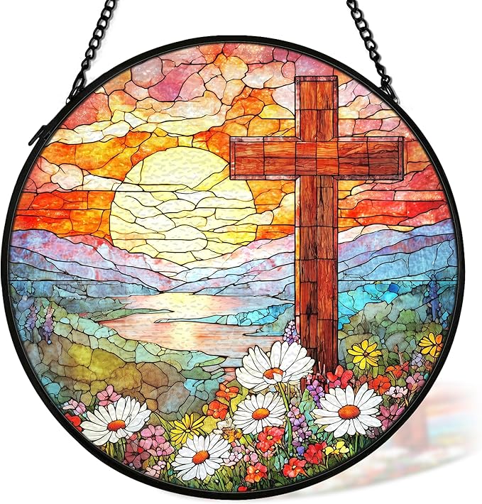Christian Suncatcher Stained Glass Cross Window Hanging Decor, Christmas Religious Gifts for Women, Easter Landscape Sunrise Mountain Cross Garden Lawn Sun Catchers for Window Hanging,7.9x7.9In