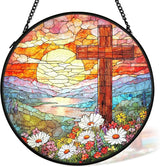 Christian Suncatcher Stained Glass Cross Window Hanging Decor, Christmas Religious Gifts for Women, Easter Landscape Sunrise Mountain Cross Garden Lawn Sun Catchers for Window Hanging,7.9x7.9In