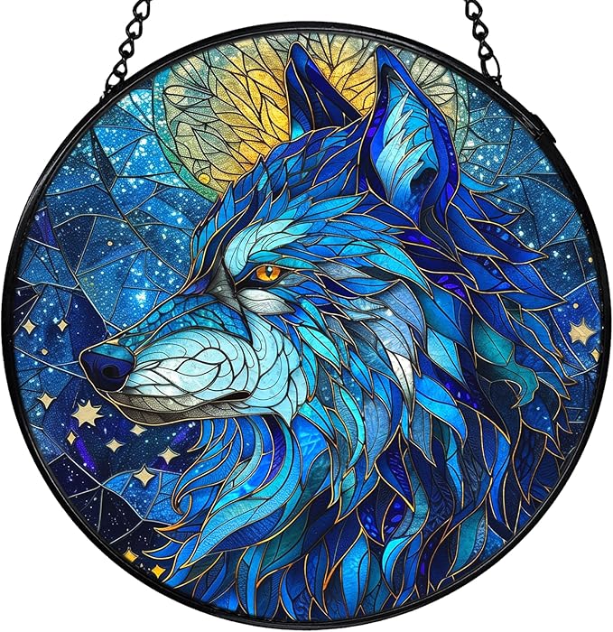 Funny Wolf Gifts Suncatcher Window Hanging, Wolf Decor Sun Catchers Indoor Window Round Glass Wall Art Decor, Animal Lover Gifts Suncatcher Wall Hanging Decorations, 711cz-blh-wolf Patio