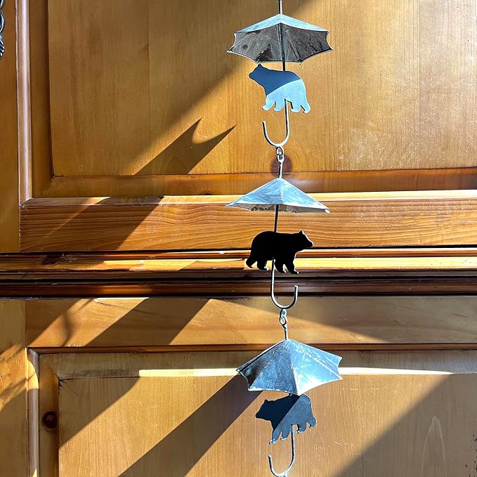Verdigris Umbrella & Black Bear Rain Chain - 75 inches Long with 10 3D Designs, Weighted Bell for Wind Chime Sound - Eco-Friendly Water Collection or Downspout Replacement