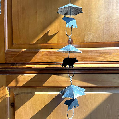 Verdigris Umbrella & Black Bear Rain Chain - 75 inches Long with 10 3D Designs, Weighted Bell for Wind Chime Sound - Eco-Friendly Water Collection or Downspout Replacement