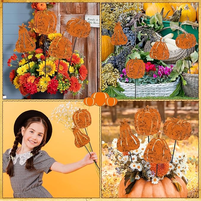 Chunful 4 Pcs Thanksgiving Decorative Garden Stakes Vintage Pumpkin Yard Stakes for Flower Planter Pot Fall Outdoor Rustic Metal Yard Sign Thanksgiving Decorations Autumn Harvest Halloween Patio Lawn