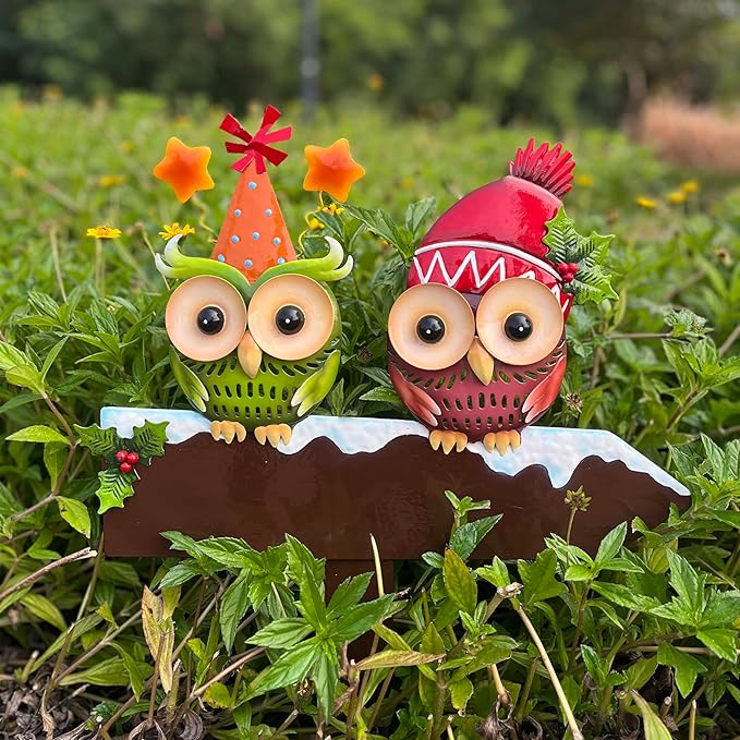 Bright Color Metal Owl Couple Garden Stake - Hanging Decor for Fence or Wall, Outdoor Yard Art with Message Board for Patio, Porch, Lawn for Couples Housewarming