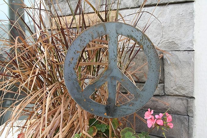 Peace and Heart Staked Signs or Wall Art Rustic or Powder Coated Finishes (Peace Small Stake 21", Naturally Rusted)