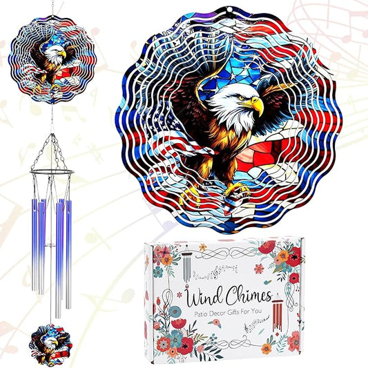 American Eagle Wind Chimes - Metal Flag Windchime with 3D Wind Spinners Indoor Outdoor Art Hanging for Garden Patio Lawn Yard Balcony Home 250 Anniversary Patriotic Decor Gift for Friends