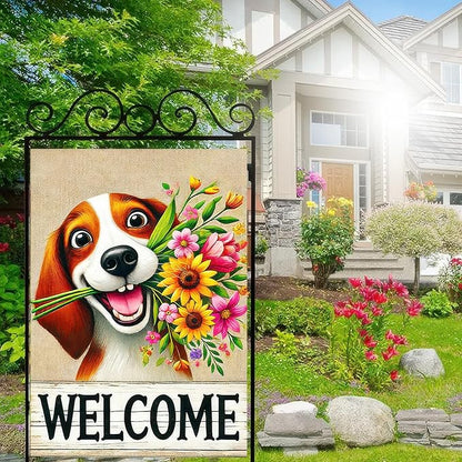 BlissYard Welcome Spring Summer Garden Flag 12x18 Inch Double Sided Beagle Puppy Dog Daisy Seasonal Garden Flag Decoration Yard Small Flag For Rustic Farmhouse Outdoor Banner Party Home Decor