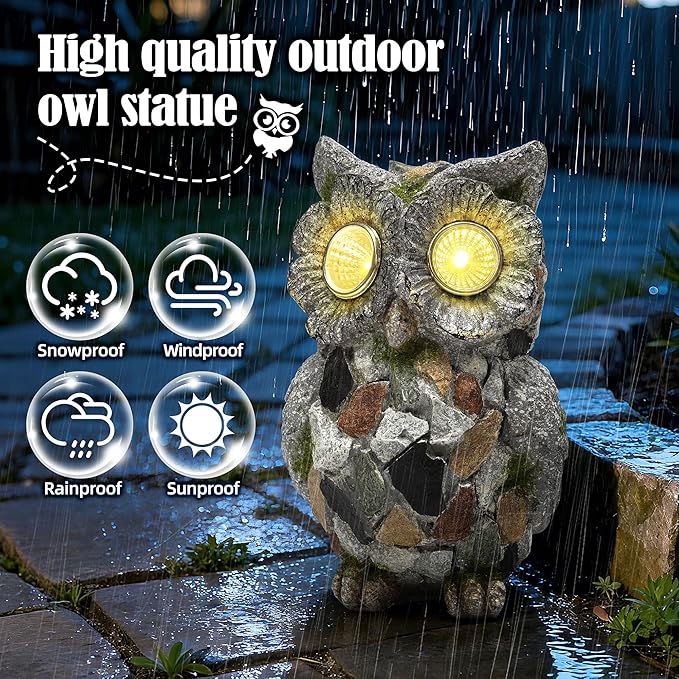 Garden Owl Statue Outdoor Decor with Solar Lights, Resin Owl Figurines for Patio Yard Porch Lawn Solar Owls Decorations Birthday Gift for Women Bird Lovers