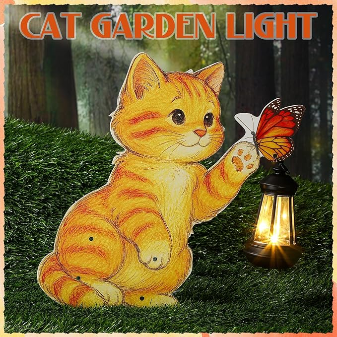 WILLBOND Cat Garden Decor Summer Outdoor Solar Lights Decor, Metal Orange Cat Garden Stake with Butterfly, Outside Stake Signs Gifts for Mom Yard Lawn Patio Unique Gift Ideas