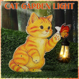WILLBOND Cat Garden Decor Summer Outdoor Solar Lights Decor, Metal Orange Cat Garden Stake with Butterfly, Outside Stake Signs Gifts for Mom Yard Lawn Patio Unique Gift Ideas
