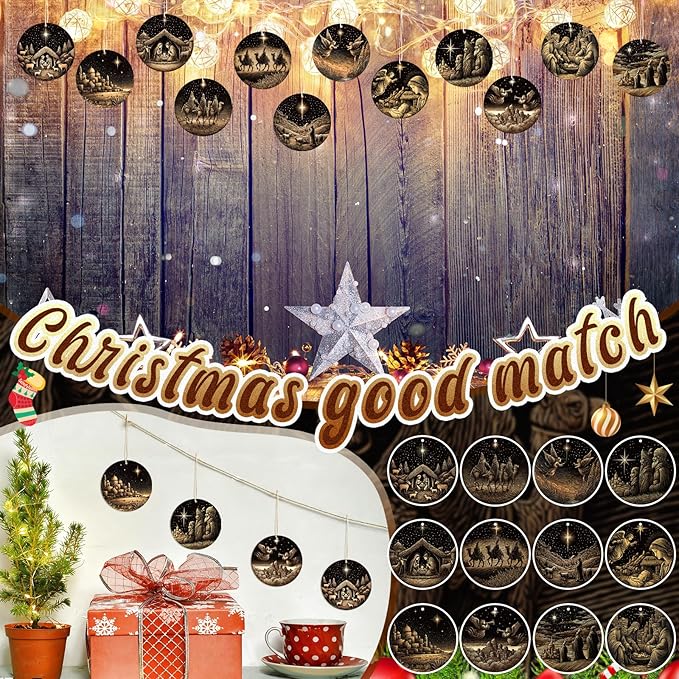 Soaoo 60 Pcs Nativity Scene Christmas Tree Ornament Christian Religious Ornaments Bulk Round Nativity Xmas Tree Hanging Wooden Decorations for Garden Yard Outdoor Home (Regular Style)