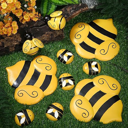 Hollowfly 10 Pcs Bee Stones Decor for Outside Metal Bees Stepping Stones Art Lawn Ornaments 3 Size Lively Holiday Yard Decorations Bee Gifts Mom Gifts Bees Yard Decorations