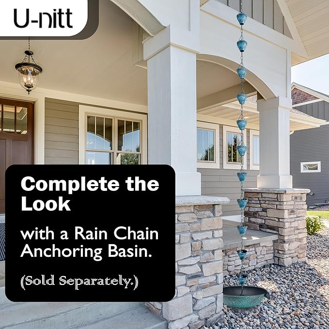 U-nitt Rain Chain Water Collection for Gutters Rainwater Catcher & Diverter, 8.5 FT Chains for Outside Garden, Sunflower Cups, Roof Downspout, Works with Heavy Rain, w/ Gutter Clip for Rainchains