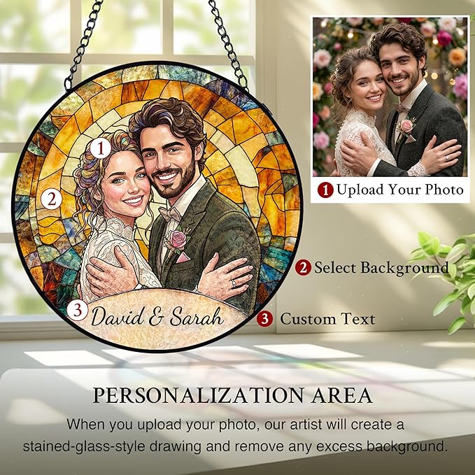 Personalized Stained Glass Windows Hanging, Her Him Picture Suncatcher Ornament, Custom Photo Gift, Birthday Wedding Boyfriend Girlfriend Couples Gifts