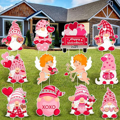 Glenmal 12 Pcs Valentine's Day Yard Signs with Stakes Valentine Gnomes Lawn Decorations Outdoor Love Swedish Corrugated Decor for Wedding Anniversary Party