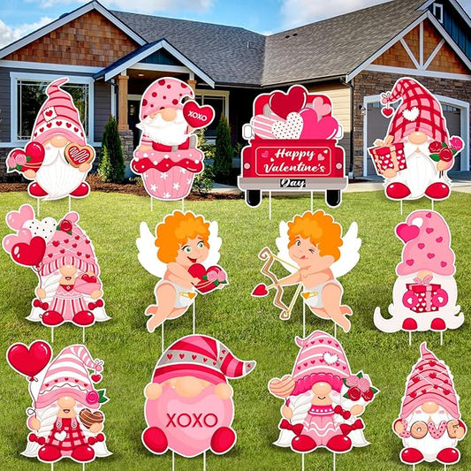 Glenmal 12 Pcs Valentine's Day Yard Signs with Stakes Valentine Gnomes Lawn Decorations Outdoor Love Swedish Corrugated Decor for Wedding Anniversary Party